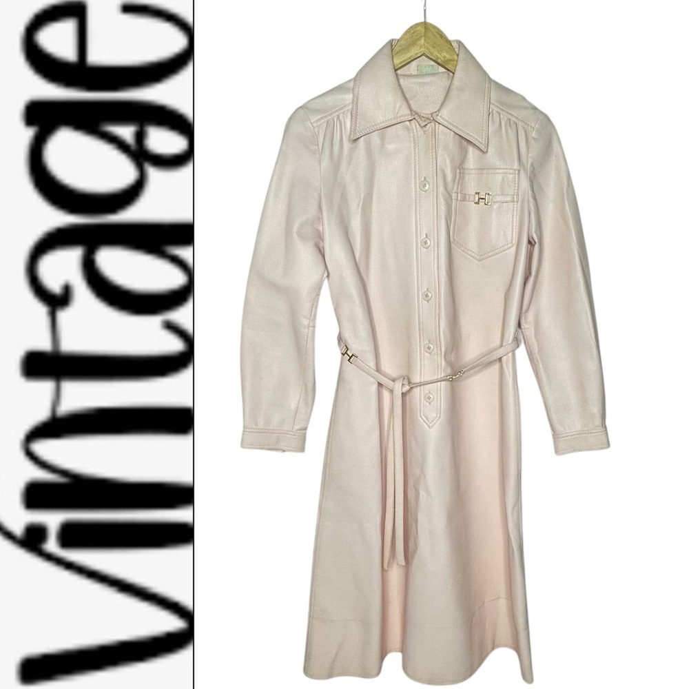 RARE Vintage 70’s Pale Pink Vinyl H Belted Dress